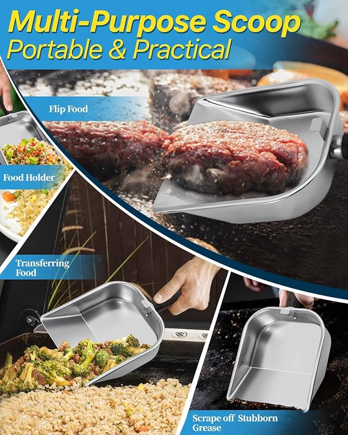 Griddle Scoop for Blackstone with a Any-Edge Hook, Stainless Steel Griddle Portable Food Mover for Stir Fry and Move Food, Classic Grill Shovel, 2 Pack