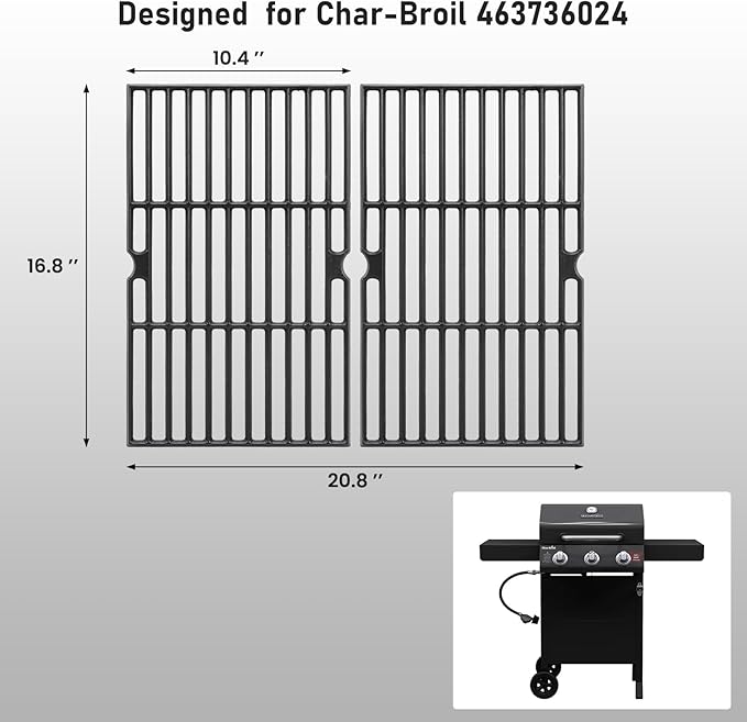 Uniflasy Cast Iron Cooking Grates Replacement for Char-Broil Black 3-Burner Gas Grill, Fits Model 463736024, Heavy Duty Matte Cast Iron Grill Grates, 2-Pack