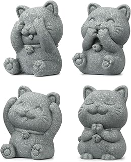 4 Piece Cute Cat Figurine Set, Sandstone See no Evil,Hear no Evil,Speak no Evil,Do no Evil Statues, Zen Desk/Garden Decor, Adorable Kitty Accents for Home Office