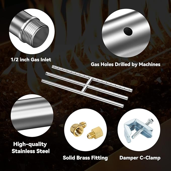 Skyflame 18" x 6" Rectangular Gas Fire Pit and Fireplace H-Burner with 3 Pipes - 304 Stainless Steel - for Indoor & Outdoor Use