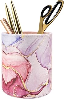 Pen Holder for Women Girls, Pencil Cup Pink Desk Decor, Makeup Brush Holder Large Pu Leather Multi-Functional Organizer Cup for Office, Classroom, Home, Colorful Marble