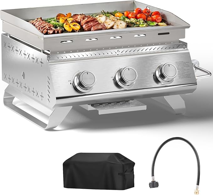 Electactic 3-Burner Stainless Steel 2-in-1 Tabletop Grill and Griddle Combo, 24,000 BTU Portable Flat Top Propane Gas Grill for Commercial BBQ, Outdoor Cooking, Camping, Tailgates & Backyard