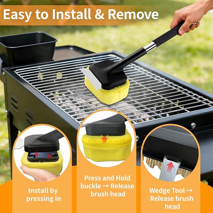5 Pcs Bristle Free Grill Brush, Grill Cleaning Kit 20.47" Long Handle & Scraper & Replaceable Heads, Safe Grill Brush for Outdoor Grill for Any Grates Type, Grilling Gifts for Men Dad