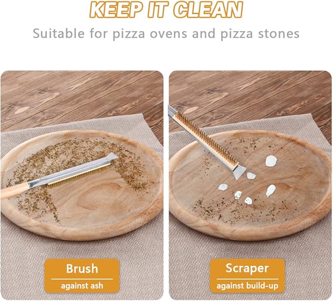 Aolso Pizza Oven Brush, 26" Brush and Stainless Steel Scraper for Pizza Stone, BBQ Grill Cleaning Brush Non Scratch Heat Proof Brass Bristles with Screwdriver, Outdoor Pizza Oven Accessories