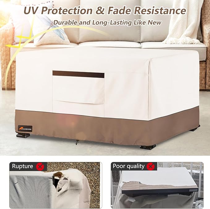 Fire Pit Cover Rectangular, Outdoor Heavy Duty 600D 100% Waterproof Tear-Resistant 44 Inch Fire Table Cover Rectangle, Patio Gas Fire Pit Table Covers, Beige 44" L x 28" W x 24" H