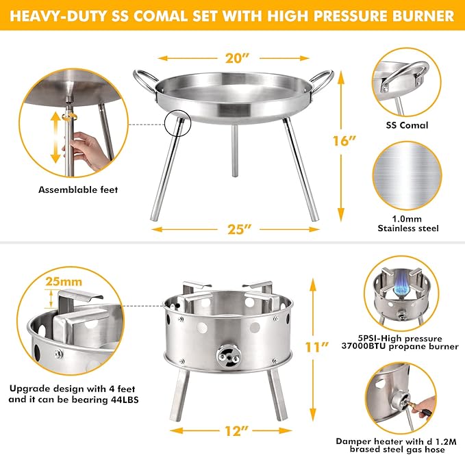 AOSION Heavy Duty 21" Stainless Steel Single Burner Propane Stove with Comal Set,37,000 BTU High-Pressure Outdoor Propane Burner Cooker,Discada Disc Cooker,Great for backyard and outdoor cooking.