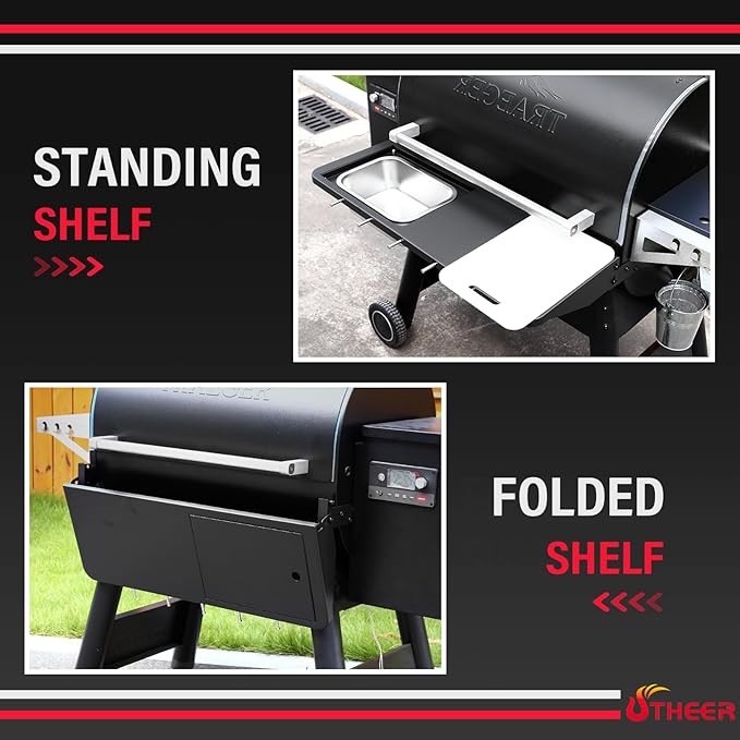 Utheer Upgraded Folding Front Shelf for Traeger Pro 780 and Ironwood 885 Pellet Grills, 32.5"x11.5" Heavy-Duty BBQ Prep Table with Cutting Board, Basin, 5 Hooks, 60-LB Load Steel Folding Grill Shelf