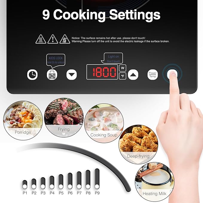 GIHETKUT Electric Cooktop Single Burner, 1800W Electric Stove Top with Touch Control, 9 Power Levels, Kids Safety Lock & Timer, Overheat Protection,110V Induction Cooktop