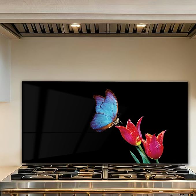 Tempered Glass Backsplash for Kitchen, Blue butterfly, Frameless, Stove Backsplash Protector for Wall,Easy to Clean, Home Decor (30"x16")
