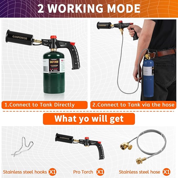 POWERFUL Grill Torch Charcoal Torch Lighter, Campfire Starter with Stainless Steel Hose&Hook, Sous Vide,Kitchen torch,Grill & Cooking Propane Torch Charcoal Starter, BBQ(Fuel Not Included)