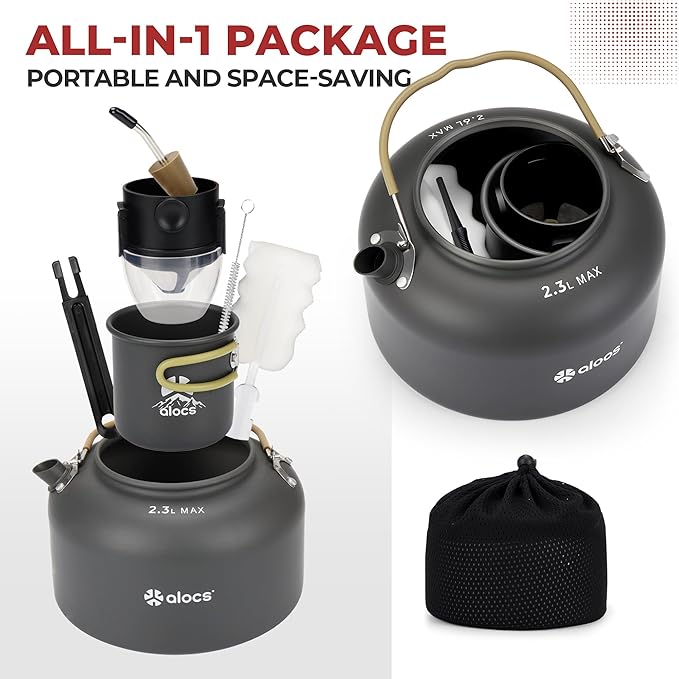 Alocs 2.3L Camping Coffee Pot Outdoor Coffee Maker Set, Hard Anodized Aluminum Camping Kettle with Pour Over Coffee Kit, 12oz Mug & Precision Spout, Portable Backpacking Gear for Campfire & Gas Stove