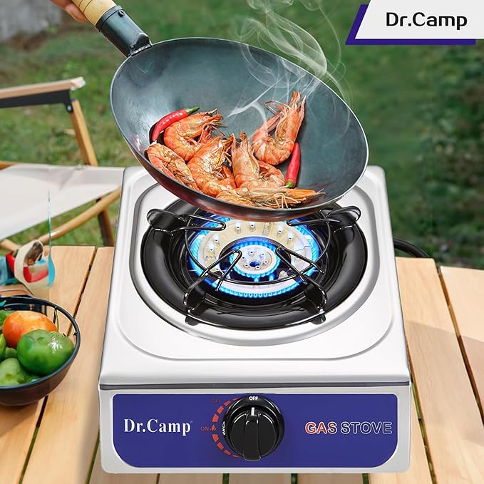 Dr.Camp 12000 BTU Single Auto Ignition Camping Garden Outdoor Camp Garden Hiking Fishing Propane Stove Cooker Griddle, Include CSA listed regulator and gas hose