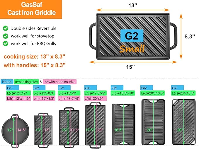 GasSaf Small Cast Iron Griddle 13x8.25 for Double Burner Stove Top, Double Sided Reversible Cooking Pan for Gas Grill Top Outdoor Camping, Gas Stovetop Grill Flat Griddle Pan Cast Iron Kitchen Cooking