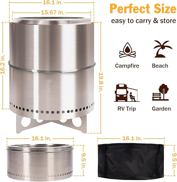 BRIOPAWS Large Smokeless-fire-pit Outdoor | 15 IN | 304 Stainless-Steel-Firepit | Portable Solo Fire Pits for Outside, Camping | Low Smoke Stove | Wood Burning Chimenea, Inclu. Bag, BBQ Forks, Handles