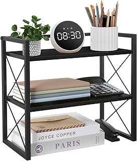 YINMIT Desktop Shelf Organizer, 2 Tier Office Shelves, Wood Desk Organizer Storage Rack and Freestanding Display Shelf for Office, Dormitory, Home(Black)
