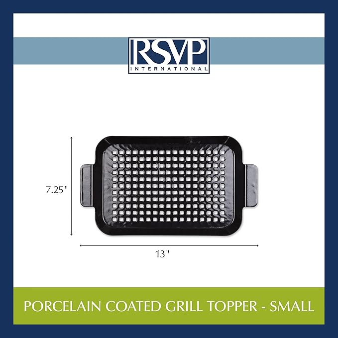 RSVP International Porcelain Coated Steel BBQ Grill Tray/Pan, Outdoor Barbeque Grilling Accessories for Cooking Fish & Vegetables, Dishwasher Safe, Small, 13x7.25"