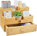 Bamboo Desk Organizer - Countertop Drawers Organizer Tabletop Storage Organization Makeup & Pen Storage with Drawer & Pencil Holder for Office Organization