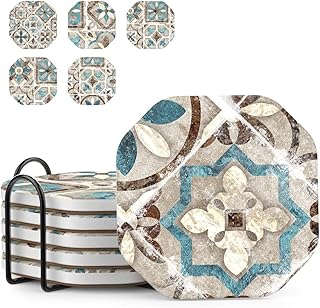 UMIRRO Drinks Coasters for Coffee Table Decor, Rustic Retro Boho Farmhouse Coasters, Absorbent Cup Mats for Wooden Table, Mandala Style, Unique Vintage Tile Design, Brown, 4", Set of 6