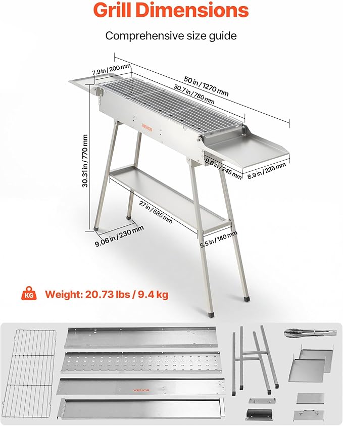 VEVOR Foldable Charcoal Grill, 250 sq.in. Portable Charcoal Barbecue Grill with Liftable Charcoal Tray & Side Tables, Brushed Stainless Steel BBQ Cooking Grills for Outdoor Camping Backyard Parties