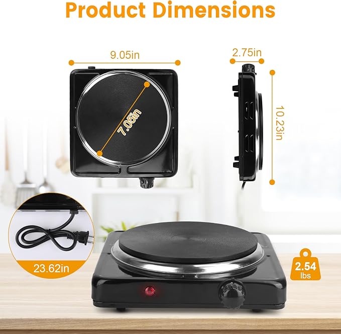 7” Electric Single Burner, 1500W Portable Stainless Steel Countertop Hot Plate Stove Cooktop with Non Slip Rubber Feet for RV/Home/Camp, 5 Temperature Adjustments