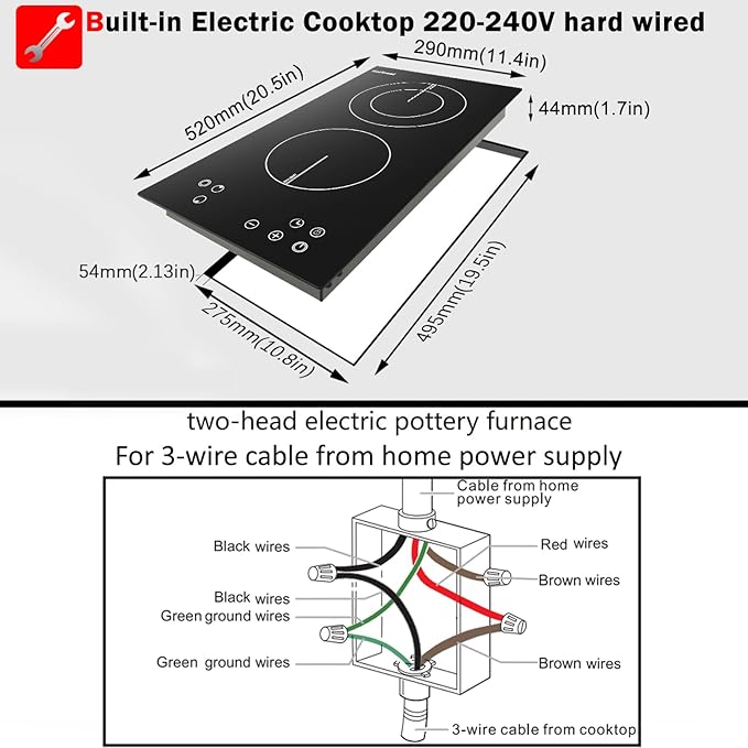 Karinear 2 Burner Electric Cooktop 12 Inch, Drop-in Radiant Cooktop 220v - 240v with Child Safety Lock, Timer, Residual Heat Indicator, 3200W, Hard Wired, No Plug Electric Stove Top