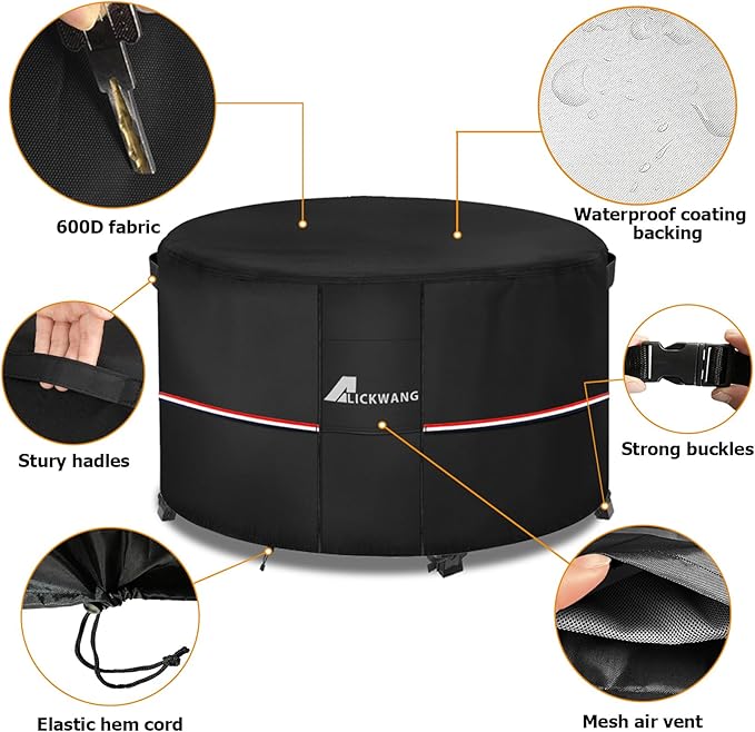 Fire Pit Cover Round 42 Inch Waterproof,Outdoor Heavy Duty Durable 600D Tear-Resistant Fire Pit Table Cover,Patio Round Firepit Cover 42" D x 24" H, Black