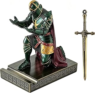 King's Guard Leader Cloak Warrior Knight Pen Holder Mobile Phone Stand, Ornament Knight Statue, Pen Stand Paperweight for Office and Home (Green)