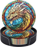 Dragon Drink Coaster Set of 6, Dragon Decor Gifts, Leather Drink Coasters with Holder, 6 Pack Cup/Bar/Drink Coasters for Table/Drinks/Coffee Protection Housewarming Gift (Dragon)