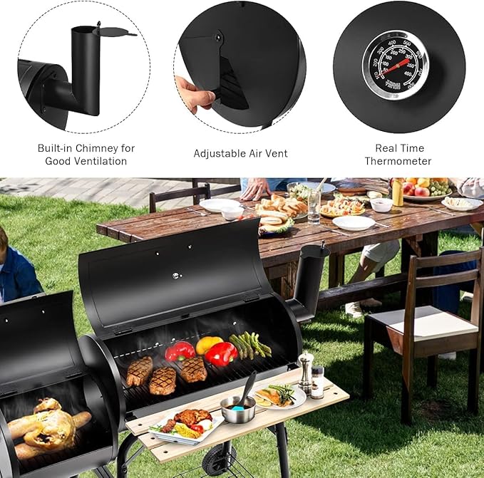 HAPPYGRILL Portable Charcoal Grill with Smoker, Thermometer, Side Shelf & Adjustable Damper, BBQ Grill Oven with 2 Moveable Wheels for Camping Patio Backyard Party