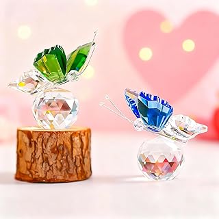 H&D HYALINE & DORA Set 2pcs Butterfly Crystal Figurine Collection Cut Glass Animal Ornament Art Craft Statue with Ball Base Table Wedding Decoration Women Gift