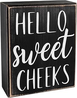 Pigort Hello Sweet Cheeks Sign - Bathroom Decor Modern Farmhouse Home Accent - Rustic Black Wood Shelf Plaque Box Sign for Women, Family, Friend 5X6X1.8 INCH