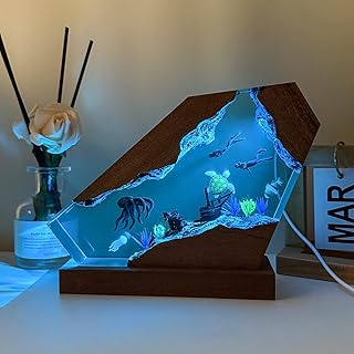 Octopus Resin Lamp, Handcrafted RGB Ocean Lamp with Wooden Base,Octopus Decor for Bedroom, Scuba Diving Gifts for Him & Her, Unique Birthday & Holiday Gifts (S 6"X4")