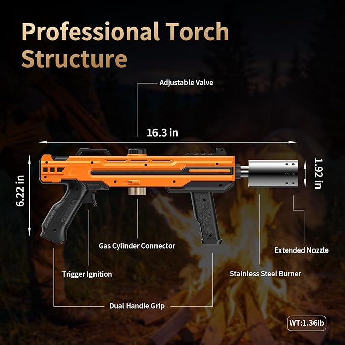 Propane Torch Gun, Adjustable Flame Blow Torch for Cooking, Powerful Grill Torch and BBQ Torch for Charcoal, Fire Torch for Searing Steak, Camping and Outdoor Use (Tank Not Included)