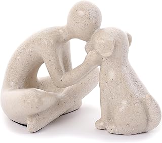Dog Sculpture Home Decoration Decor Cute Man and Dog Statue Decor for Shelf、Living Room、Bedroom、Home， Memory Gifts for Pet Lovers (Sandstone)