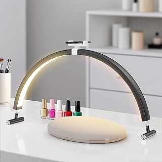 Mznoo Nail Light for Desk, 30'' LED Half Moon Lamp for Nail Techs, Manicure and Handicraft, Adjustable Color Modes and Brightness, with Phone Holder (Black)
