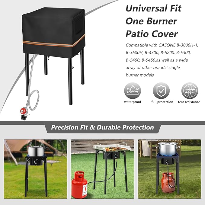Outdoor Single Burner Stove Cover Fit for Flame King Heavy Duty 200K BTU, for GASONE, 600D Heavy Duty Water Resistant Cover,for All Single Propane Burner- 17.5" L x 17.5" W x 11" H,Black