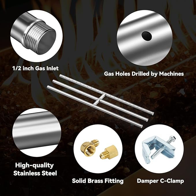 Skyflame 24" x 6" Rectangular Gas Fire Pit and Fireplace H-Burner with 3 Pipes - 304 Stainless Steel - for Indoor & Outdoor Use