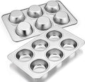 E-far Muffin Pan Set of 2, Stainless Steel Muffin Pan Tin for Baking, 6-Cup Metal Cupcake Pan Tray, Non-toxic & Healthy, Oven & Dishwasher Safe, Regular Size - 11.44 x 7.12 x 1.25 Inch