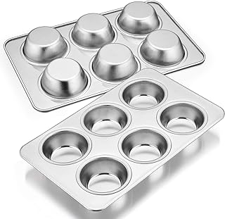 E-far Muffin Pan Set of 2, Stainless Steel Muffin Pan Tin for Baking, 6-Cup Metal Cupcake Pan Tray, Non-toxic & Healthy, Oven & Dishwasher Safe, Regular Size - 11.44 x 7.12 x 1.25 Inch