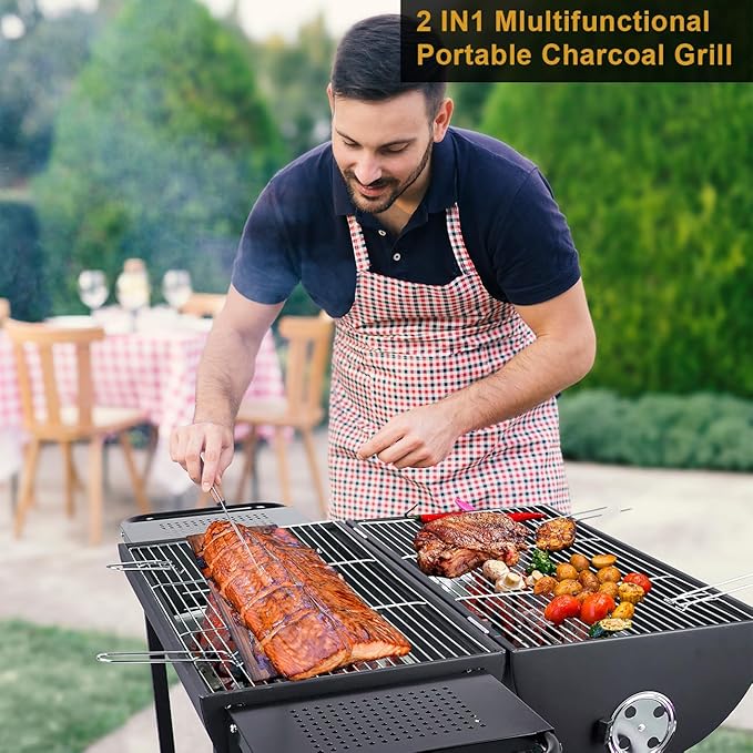 Double Charcoal Barrel Grill with Two Side Shelf, Large Stainless Steel Grill For Backyard Camping Picnic and Party