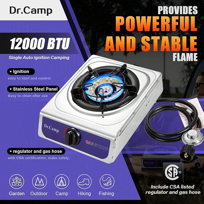 Dr.Camp 12000 BTU Single Auto Ignition Camping Garden Outdoor Camp Garden Hiking Fishing Propane Stove Cooker Griddle, Include CSA listed regulator and gas hose