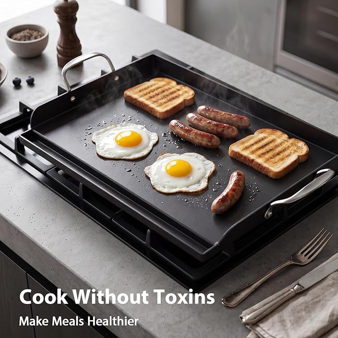 Utheer 25" x 16" Pre-Seasoned Nonstick Cast Iron Griddle for Gas & Charcoal Grills – Universal Flat Top with Grease Groove, Reinforced Ridges & High Sidewalls, Great for Parties, Camping & Tailgating