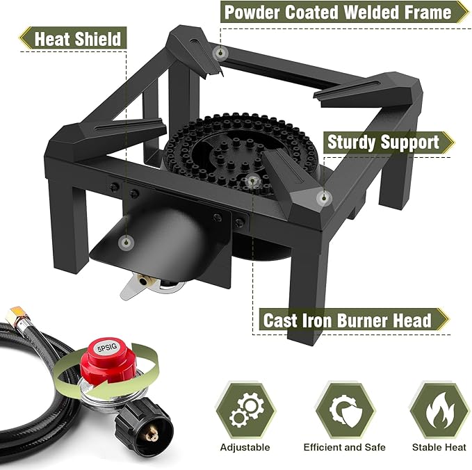 BESTFIRE Propane Burner, 100,000 BTUs High Pressure Single Propane Stove - Heat Shield and Guard, 4.1ft Adjustable Hose with Regulator, Gas Stove for Outdoor Cooking, Turkey Fry, Seafood Boil