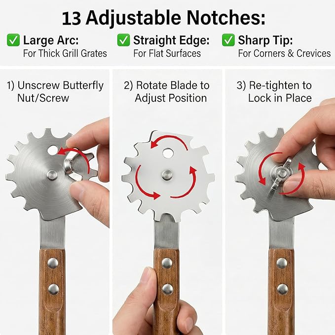 Grill Scraper with Adjustable Blade, 13 Notches Universal Bristle Free Grill Brush for Hot & Cold Grill Grates, Heavy Duty Stainless Steel Grill Cleaning Tool for Gas Charcoal Electric Grills