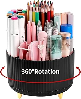 Desk Pencil Pen Holder, 5 Slots 360°Degree Rotating Pen Organizers for Desk, Desktop Storage Stationery Supplies Organizer, Cute Pencil Cup Pot for Office, School, Home, Art Supply, Black