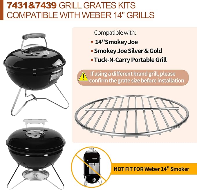 13.5" Cooking Grate & 10.5" Charcoal Grate Kit, Grill Grates Fit for Weber 14'' Smokey Joe Silver&Gold Tuck-n-Carry Charcoal Grills, Heavy-Duty Steel 7431 7439 Replacement for Weber Grate kit