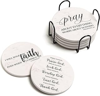 Coasters for Drinks with Bible Verses, Set of 6 Absorbent Drinks Coasters with Holder Ceramic Drink Coaster with Cork Backing for Table Protection, Christian Coasters, Christian Gifts
