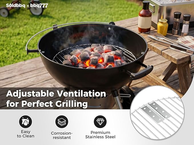 7441 Folding Replacement Parts Grill Grate & 7444 One-Touch Cleaning System Kit for Weber 22-1/2-Inch Charcoal Kettle Grill, Stainless Steel Grate for Weber Kettle Parts for 22'' Charcoal Grill, Charcoal Kettle Accessories