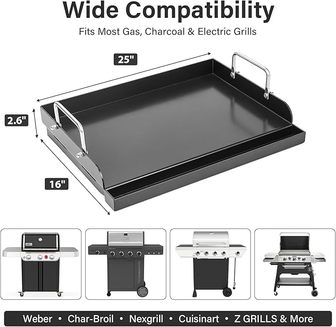 25" x 16" Nano-Ceramic Nonstick Cast Iron Griddle - 23lb Heavy Duty - Universal Flat Top with Grease Groove, Reinforced Ridges & High Sidewalls, for Gas/Charcoal Most Grill Brands