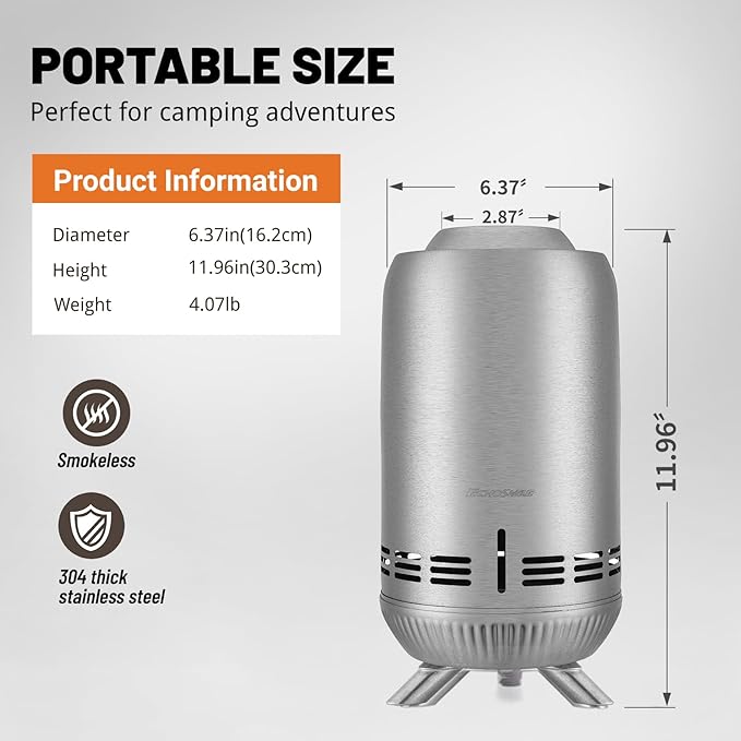 EchoSmile 12 x 7 inch Smokeless Tabletop Fire Pit with Stand, Stainless Steel Portable Fire Pit for Outside Camping, Patio, Camping Stove Fueled by Pellets or Wood Burning, Sliver